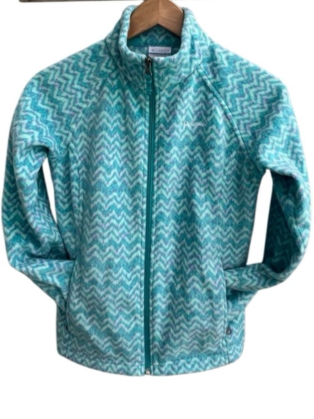 Columbia Benton Springs Full Zip Fleece Jacket Aqua Blue Chevron Print Girls L